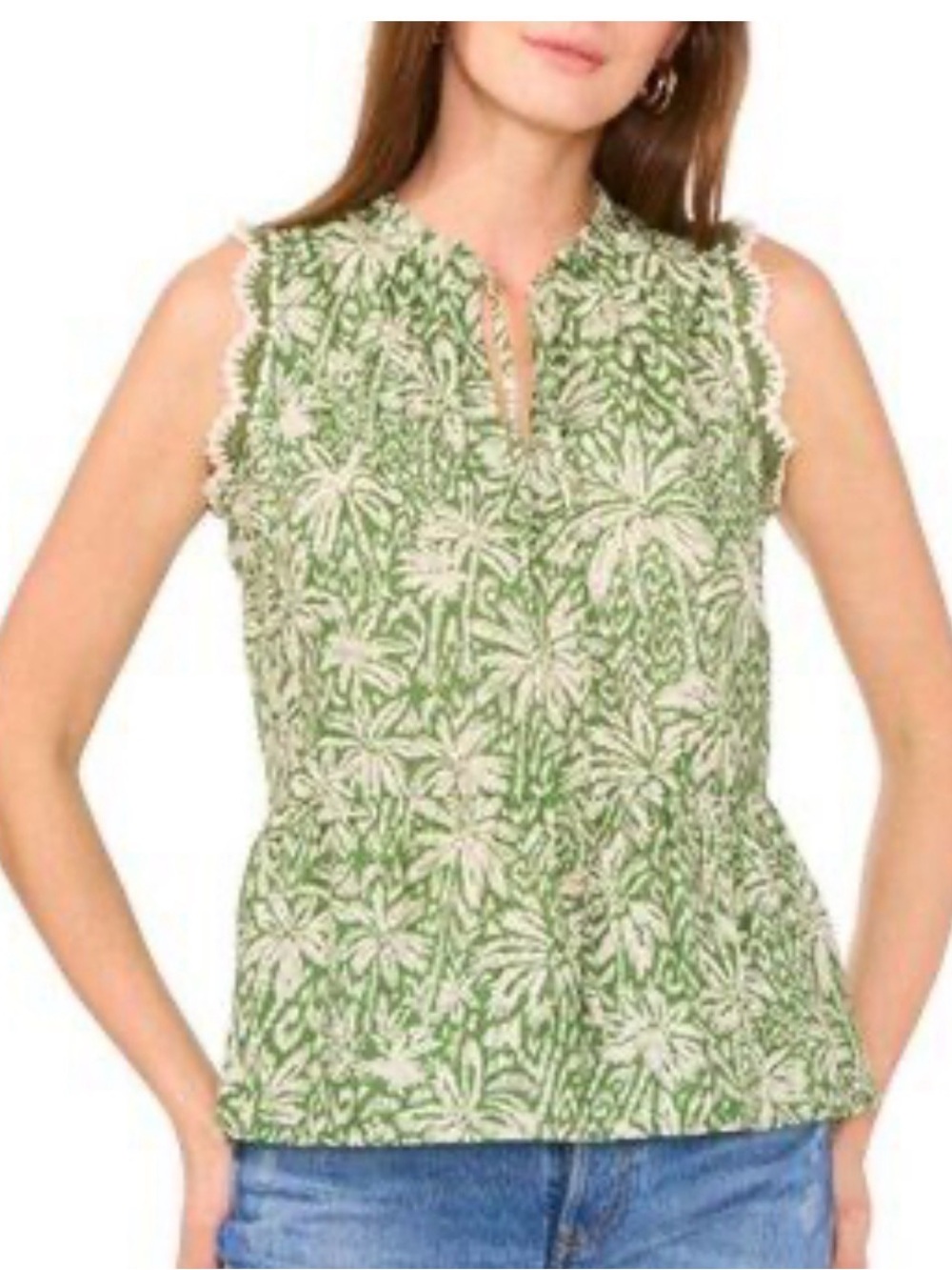 Vince Camuto Green and Cream Floral Lace-Trim Shell